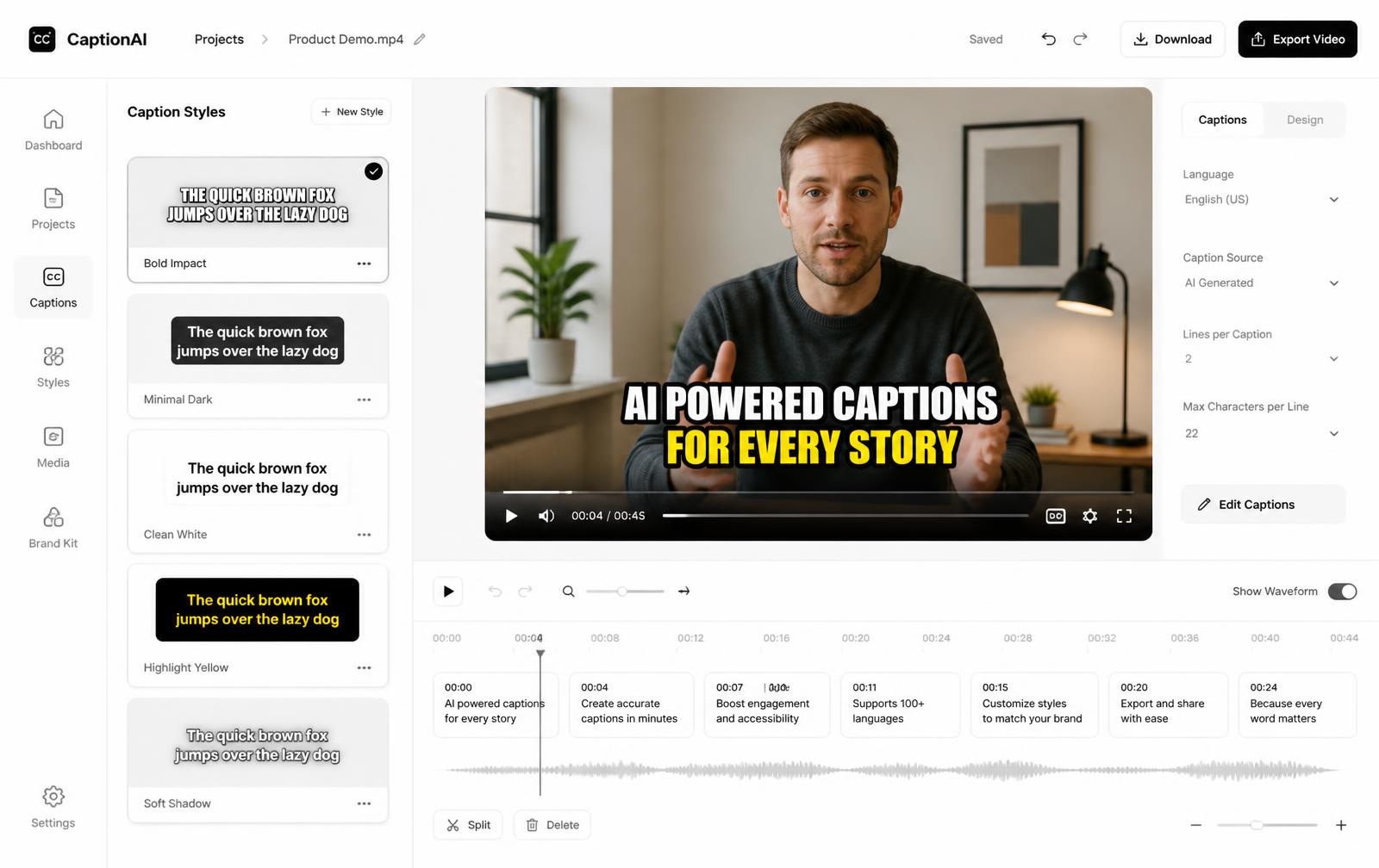 AutoSubs.ai interface — AI Video Infrastructure · B2B SaaS